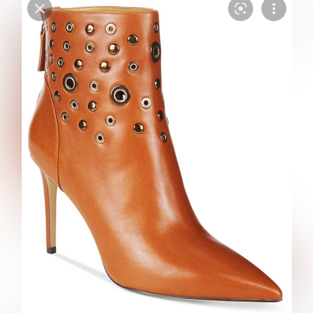 NINE WEST Topple Hardware Pointed Brown Leather Booties